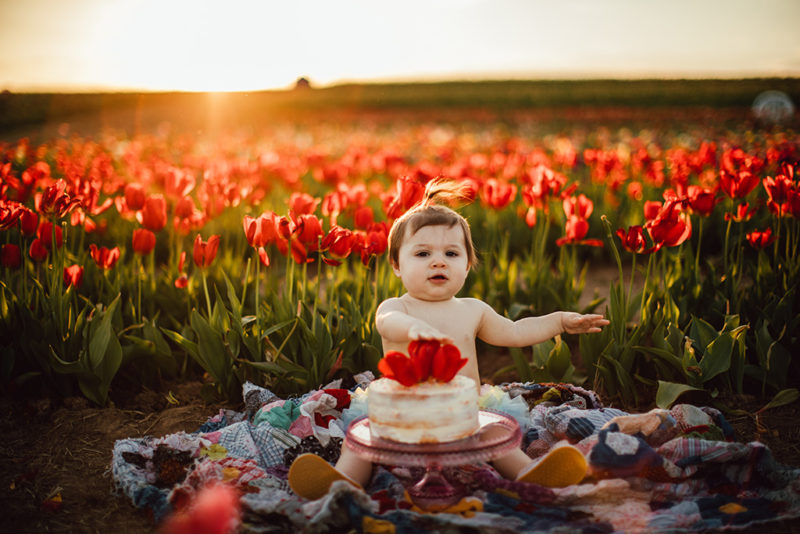 baby's first birthday session in the tulips in Virginia