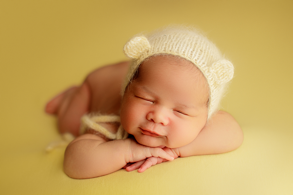 smiling newborn baby in Northern Virginia newborn studio