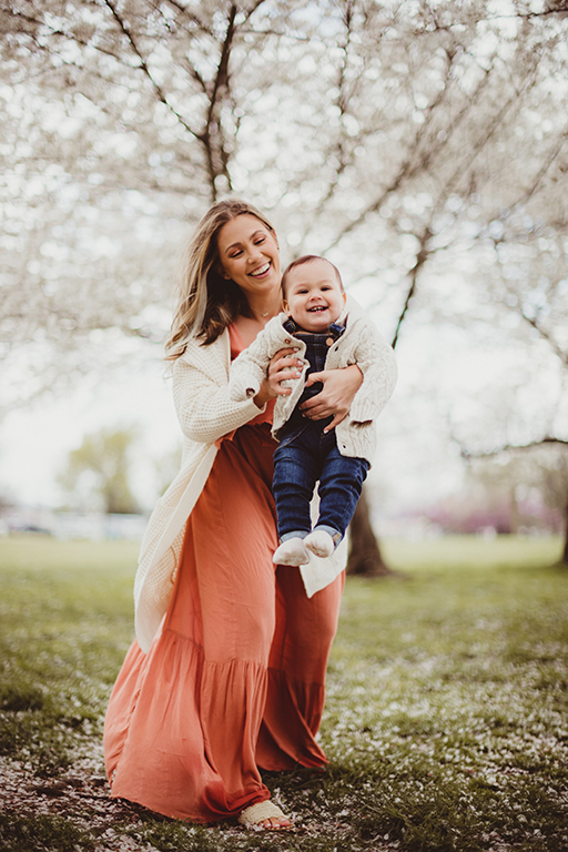 mom and baby outdoors, cherry blossoms, Virginia