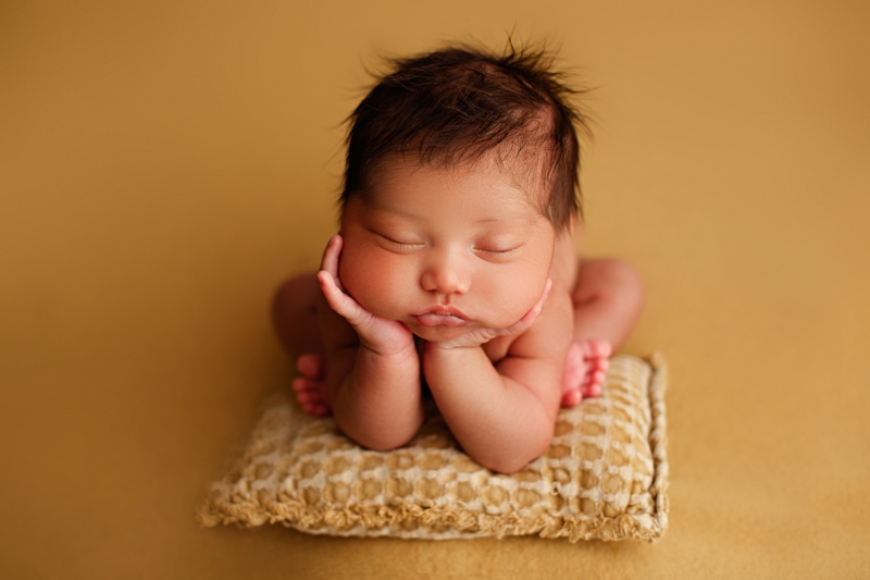 Newborn Photographer, a little baby sleeps on a little ornate pillow