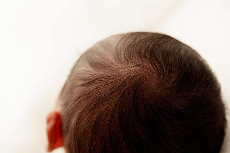 Newborn Photographer, the back of a little baby's head with the hair pinwheeled around
