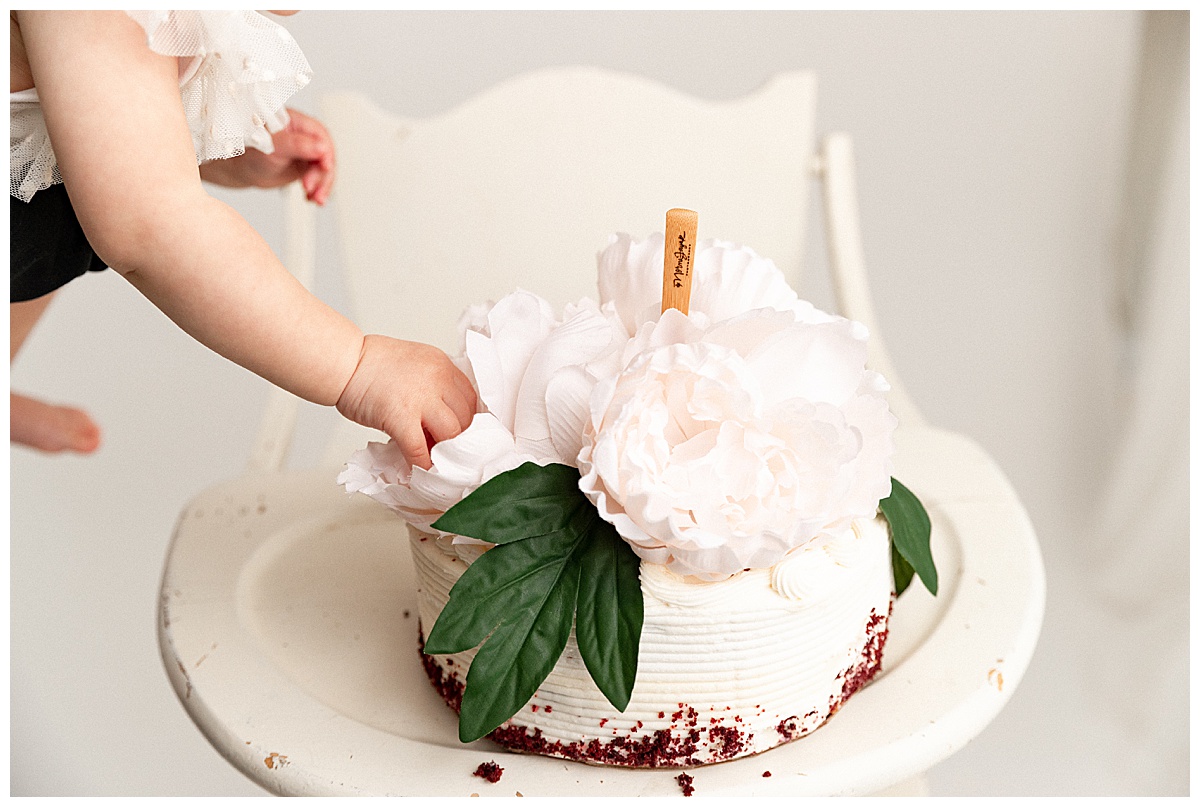 Baby touching cake for First Birthday Cake Smash
