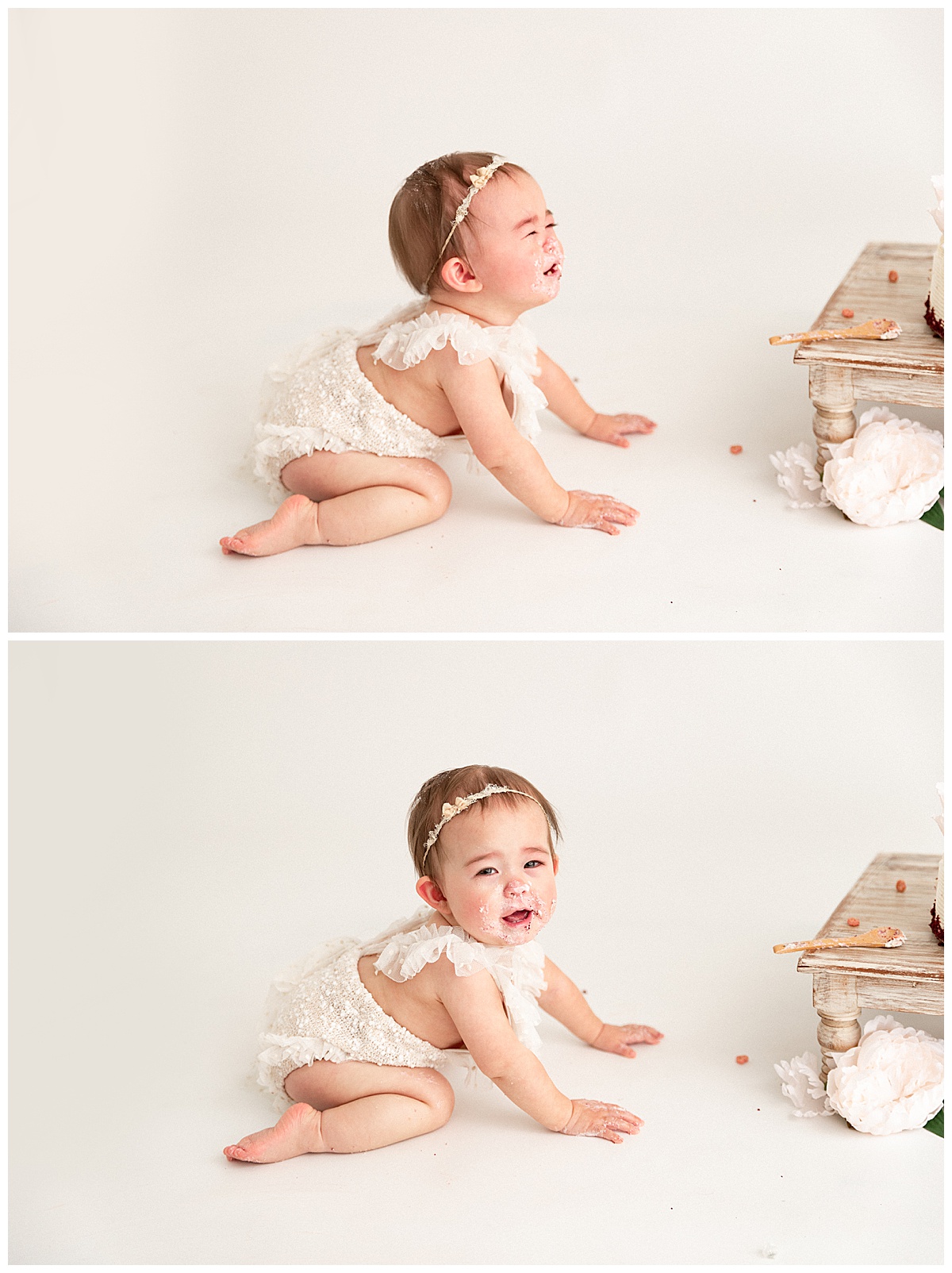 Little one crying while crawling to cake for Washington DC Baby Photographer
