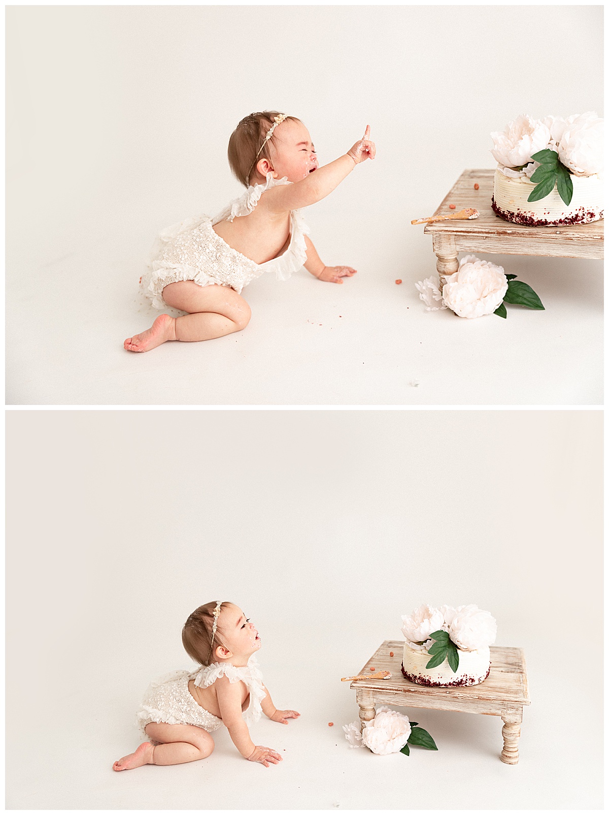Little on reaching for cake by Washington DC Baby Photographer