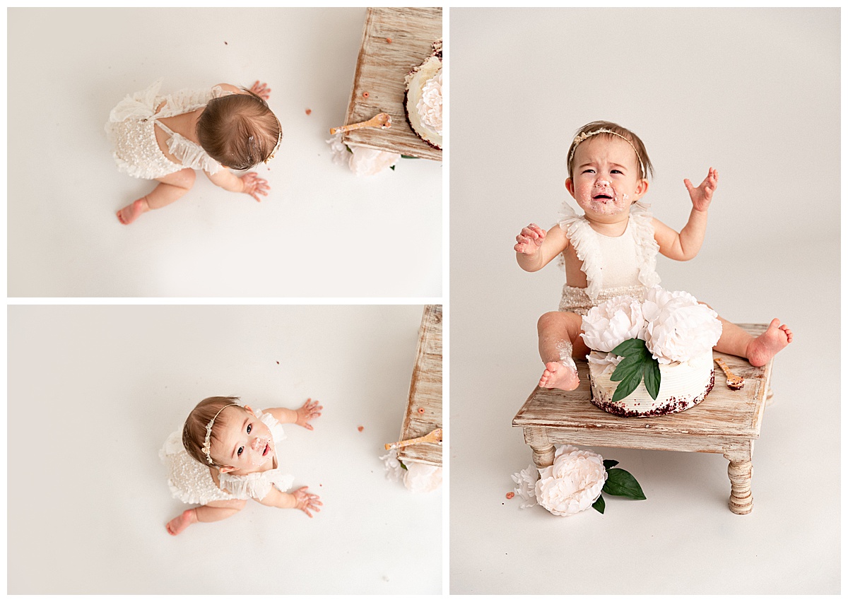 Little one sitting by cake for Washington DC Baby Photographer