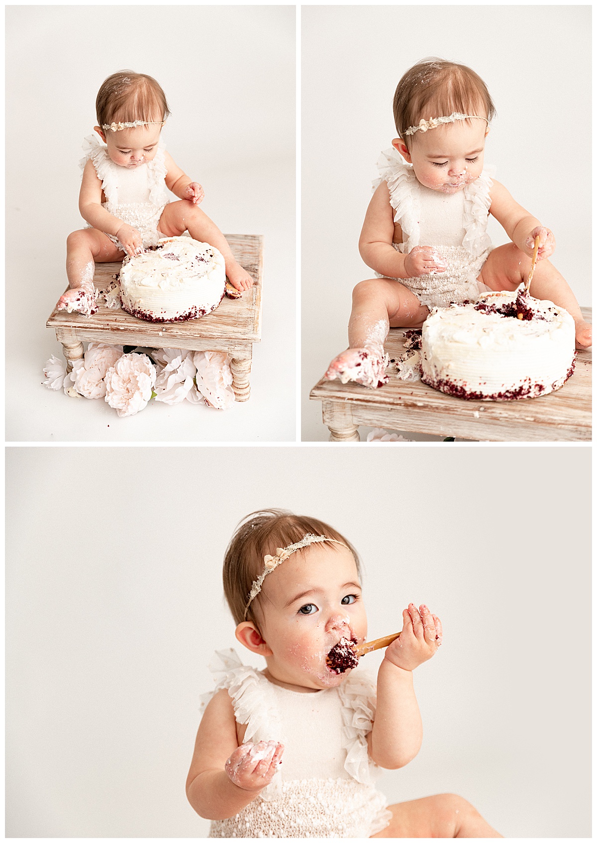 Baby putting cake in mouth for First Birthday Cake Smash
