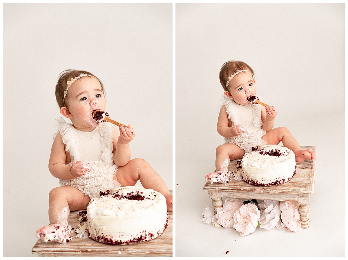 Baby licking cake for First Birthday Cake Smash