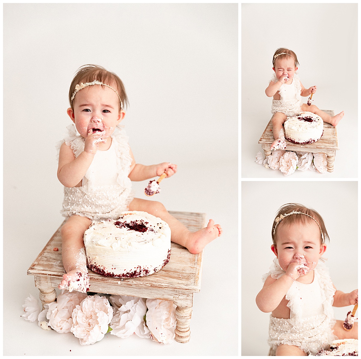 Baby enjoying cake for First Birthday Cake Smash