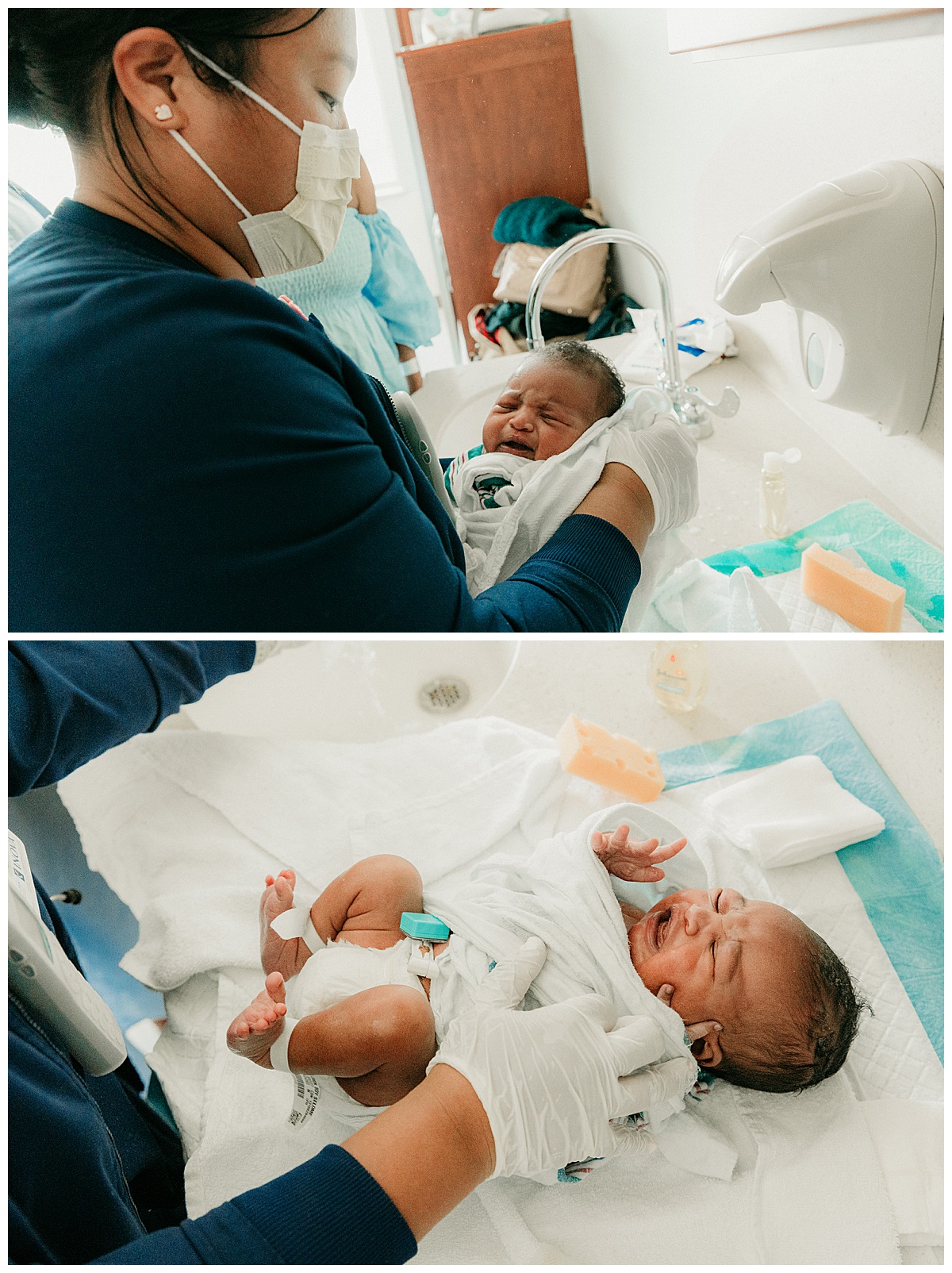 Baby gets first bath for Washington DC Newborn Photographer