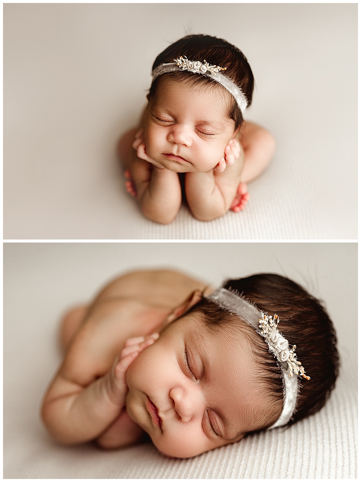 Newborn baby laying on hands for Norma Fayak Photography