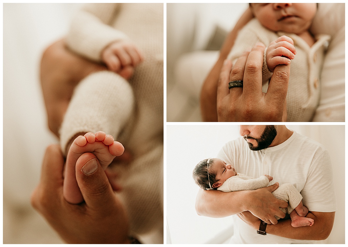 Dad embraces baby's small hands and toes for Washington DC Newborn Photographer