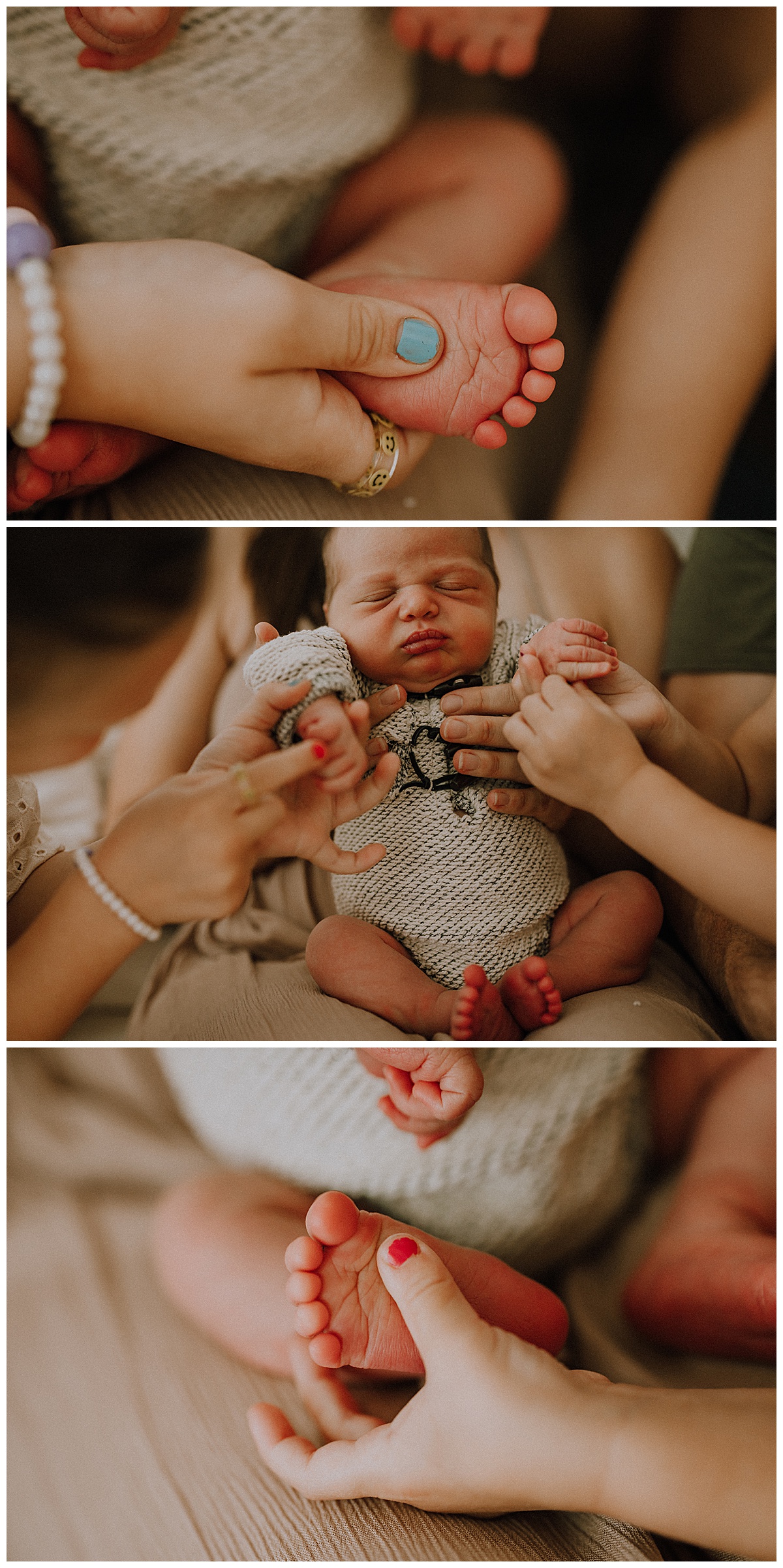 Tiny feet and toes held by sisters for Washington DC Newborn Photographer