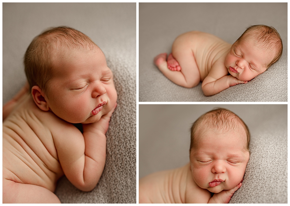Little one curls up on grey cloth Washington DC Newborn Photographer