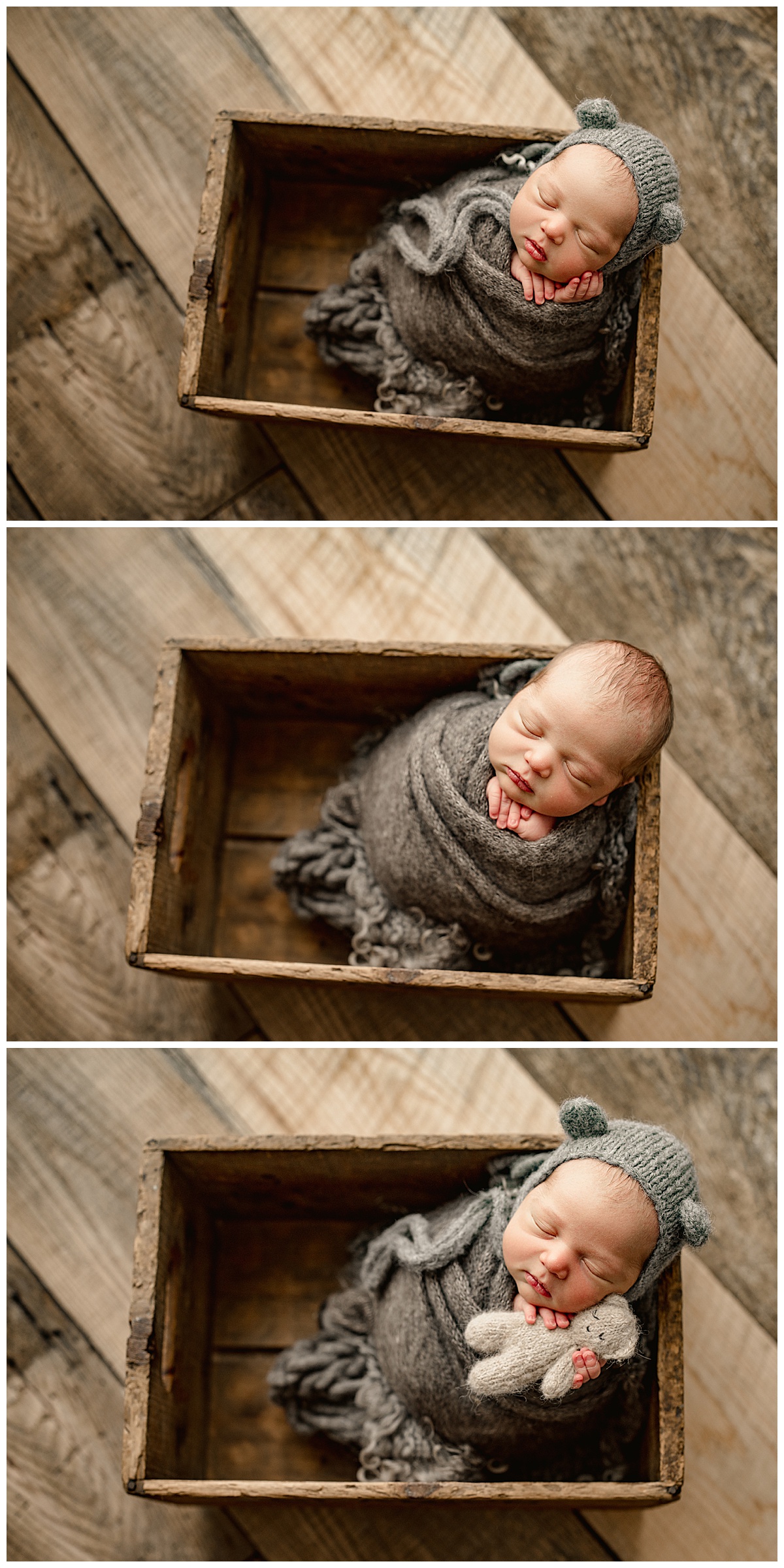 New son wrapped in grey in wooden box for Norma Fayak Photography