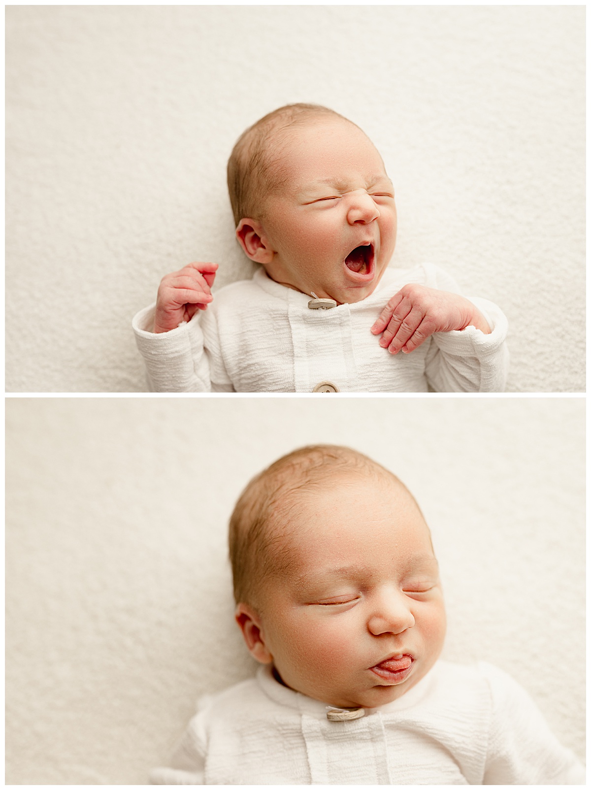 Baby yawning and smiling big for Washington DC Newborn Photographer
