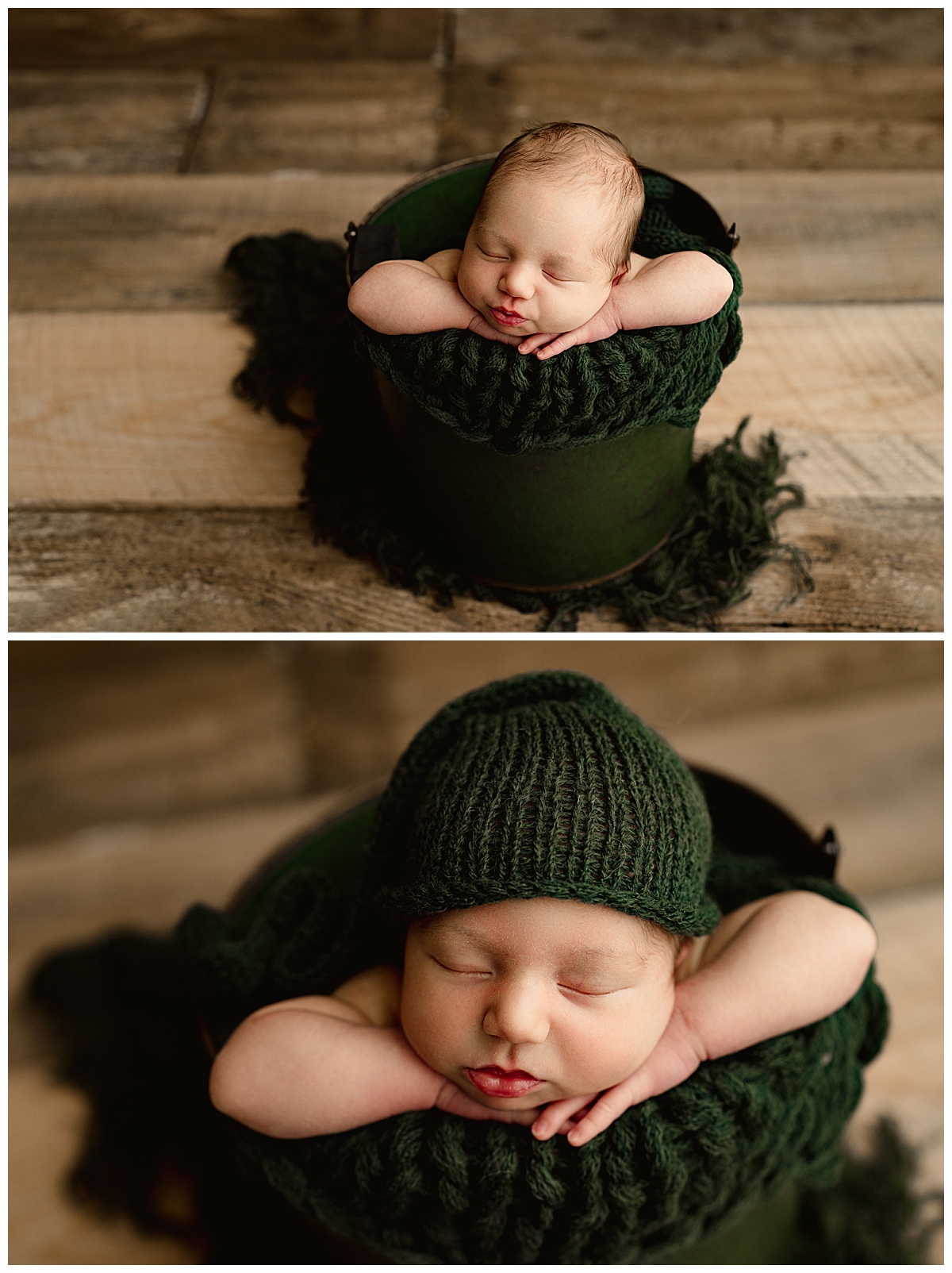 Infant wrapped in green for Washington DC Newborn Photographer