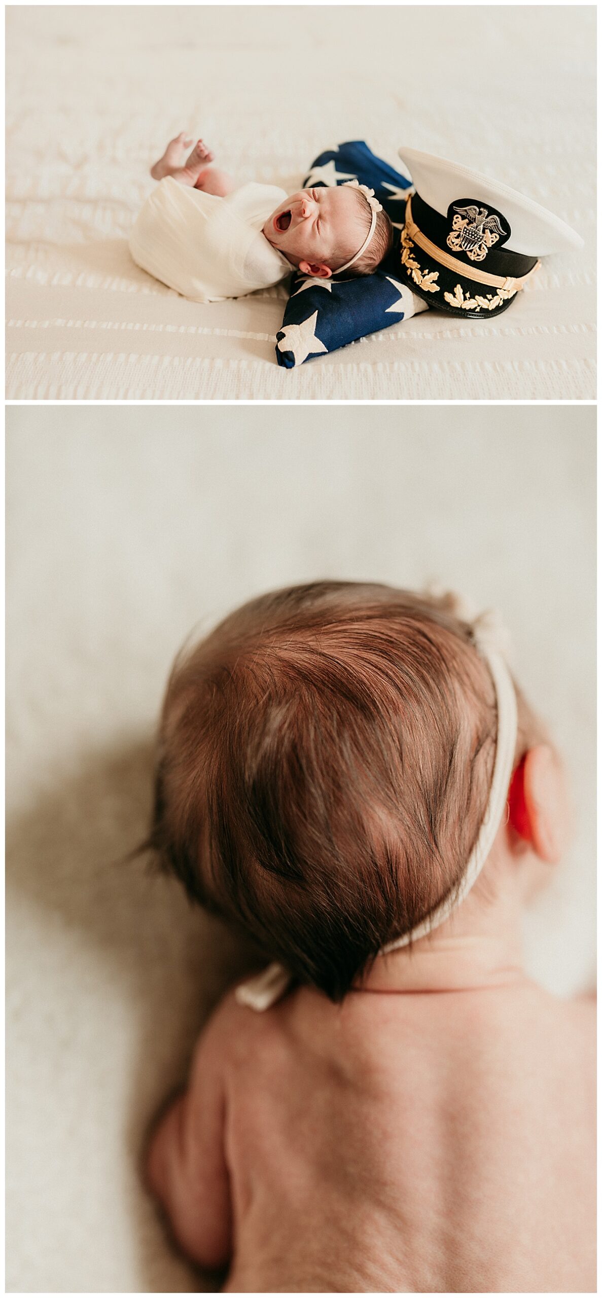 Baby lays on white cloth for Washington DC Newborn Photographer
