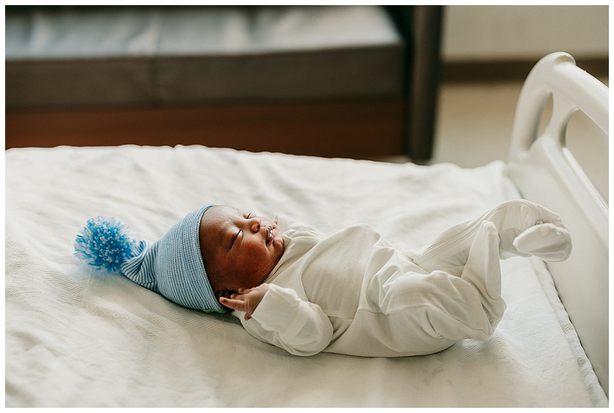 Newborn on hospital bed after being prepared by Fresh 48 Checklist