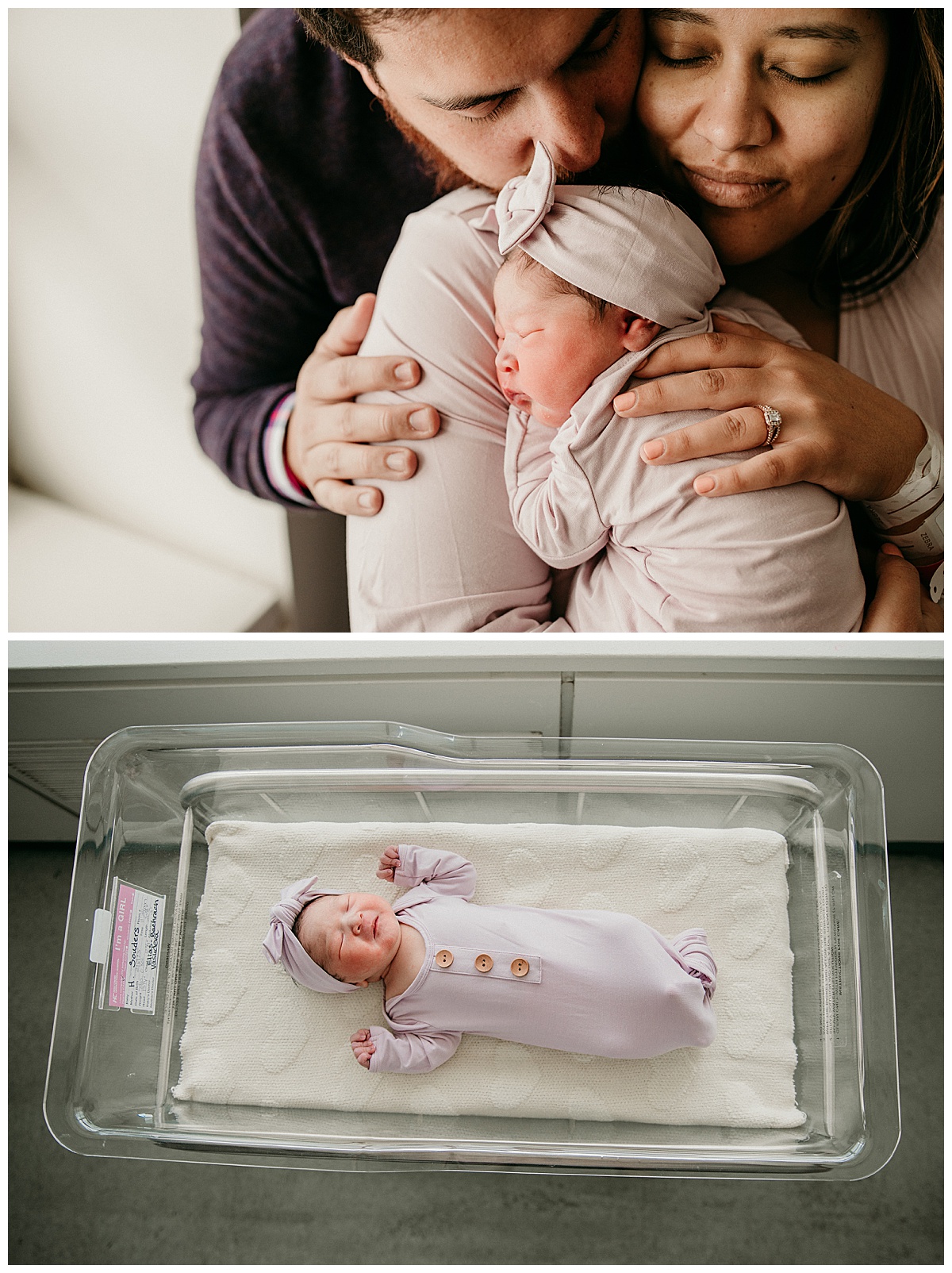 Infant cuddles on parents and in bassinet for Virginia Newborn Photographer