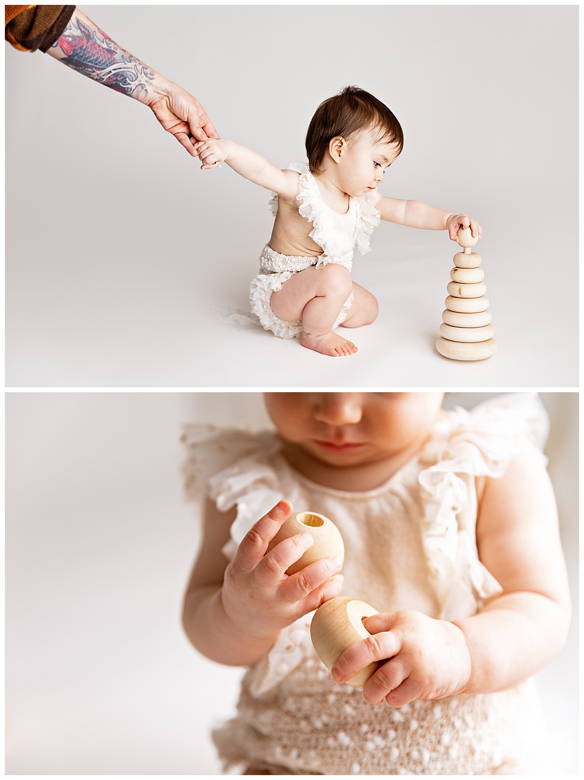 Baby girl playing with toys during First Birthday Milestone Portraits