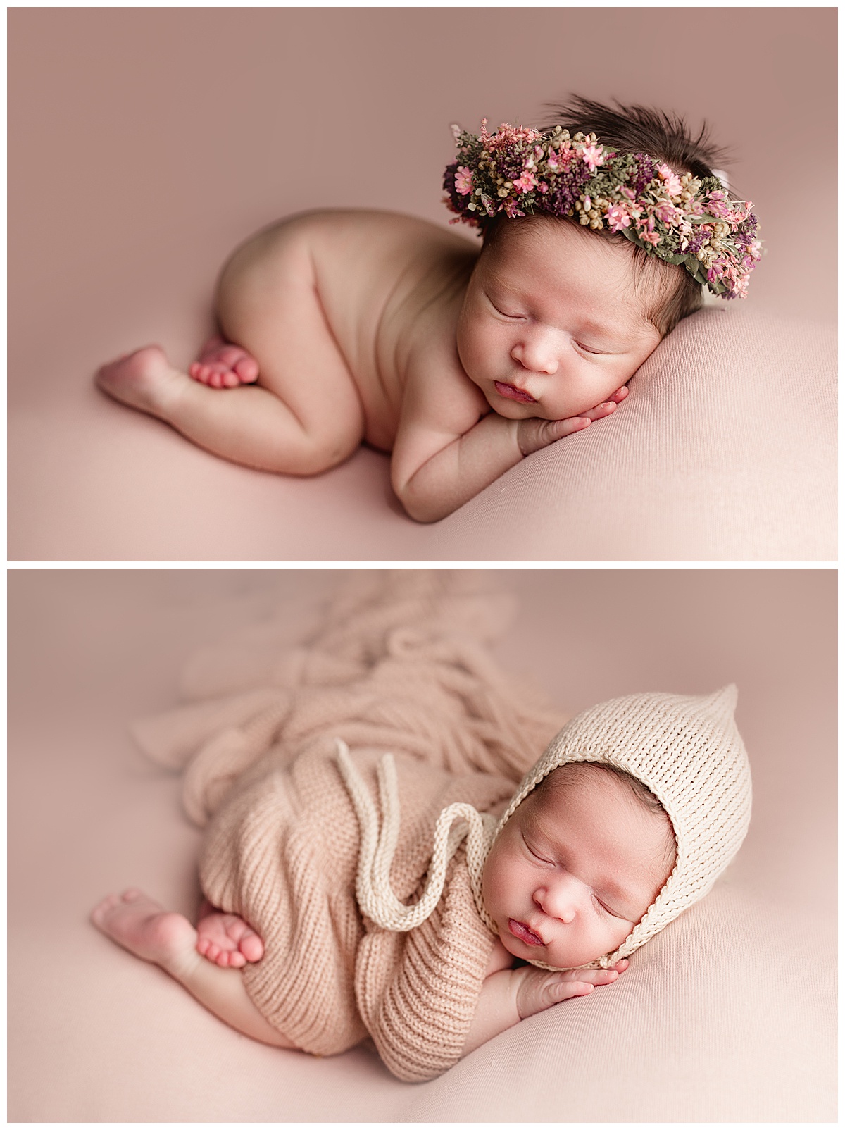 Baby girl wear flower crown and sleeps so Posed and Perfect