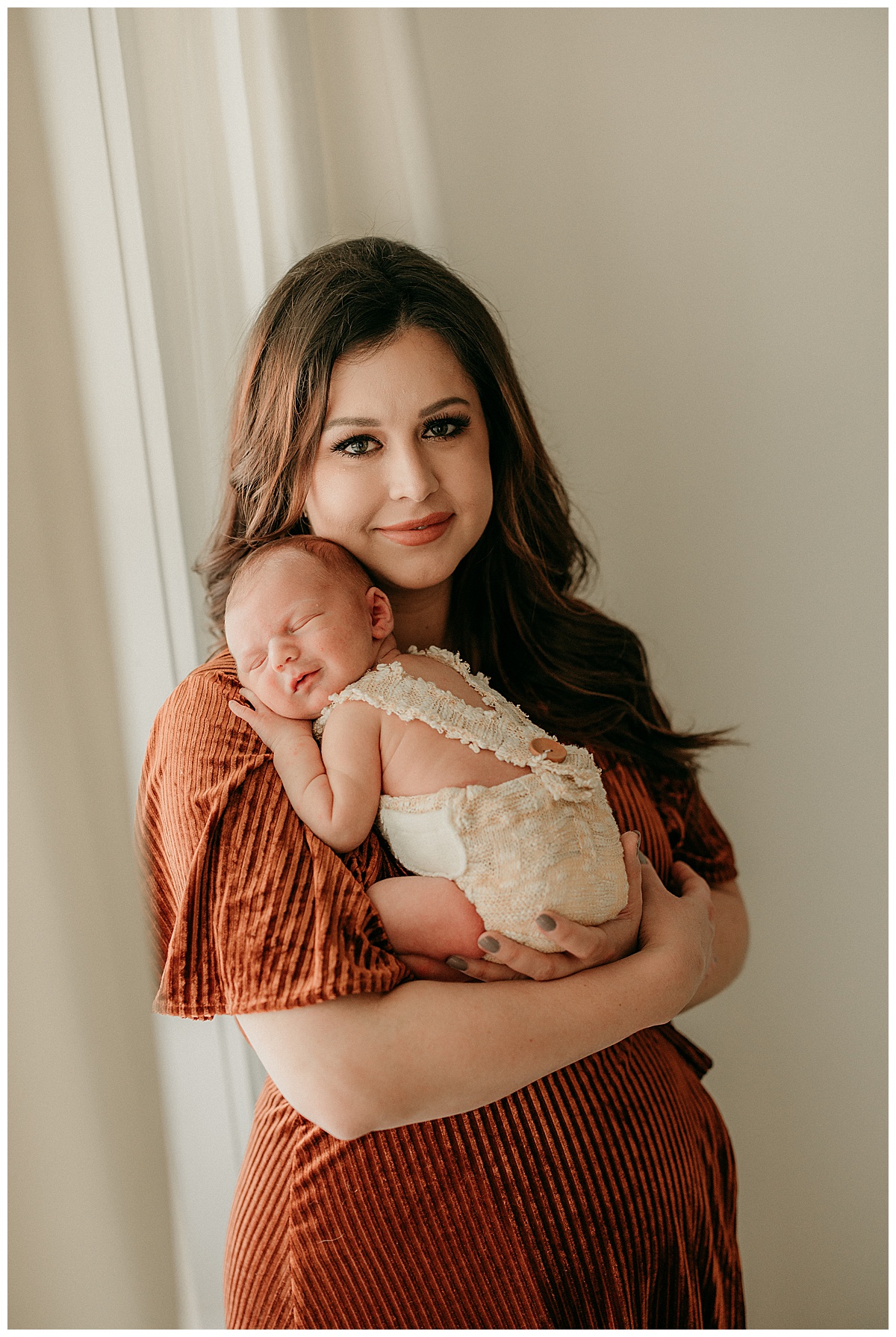Baby boy lays head on Mom's shoulder for Virginia Newborn Photographer 