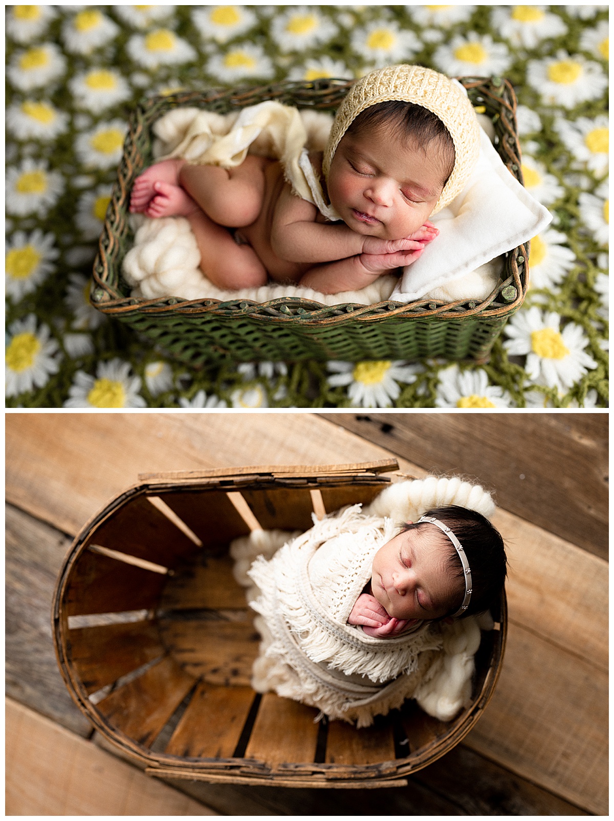 Infant sleeps in baskets on floral blankets for Norma Fayak Photography