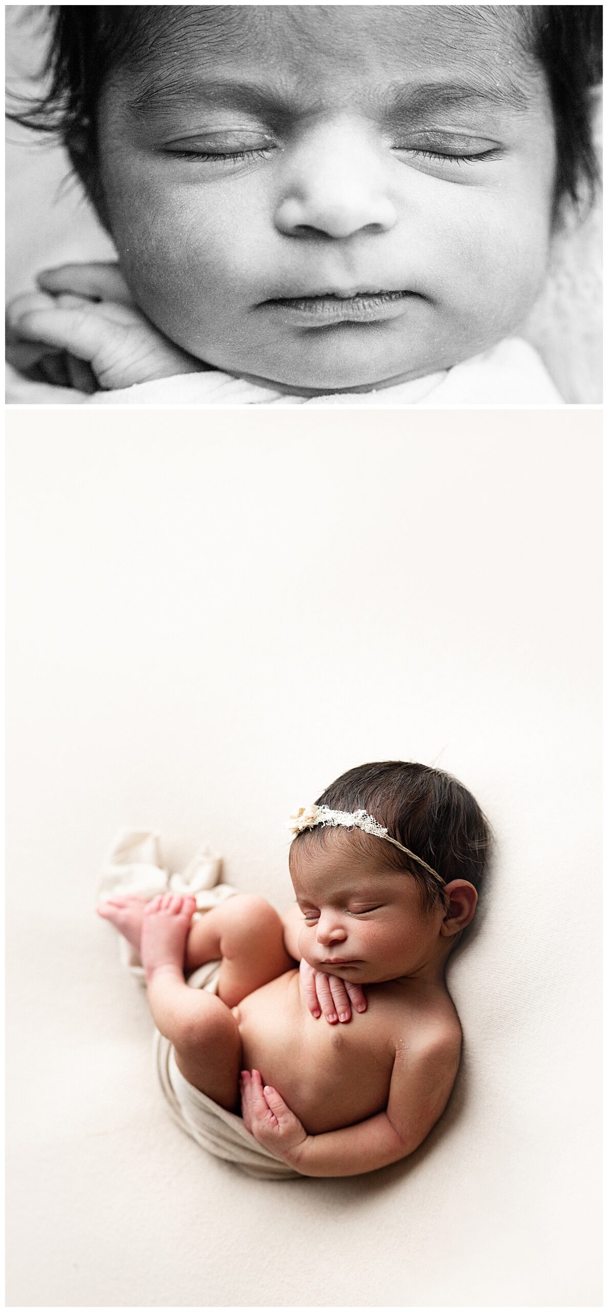 Newborn sleeps calmly on white blanket for Norma Fayak Photography