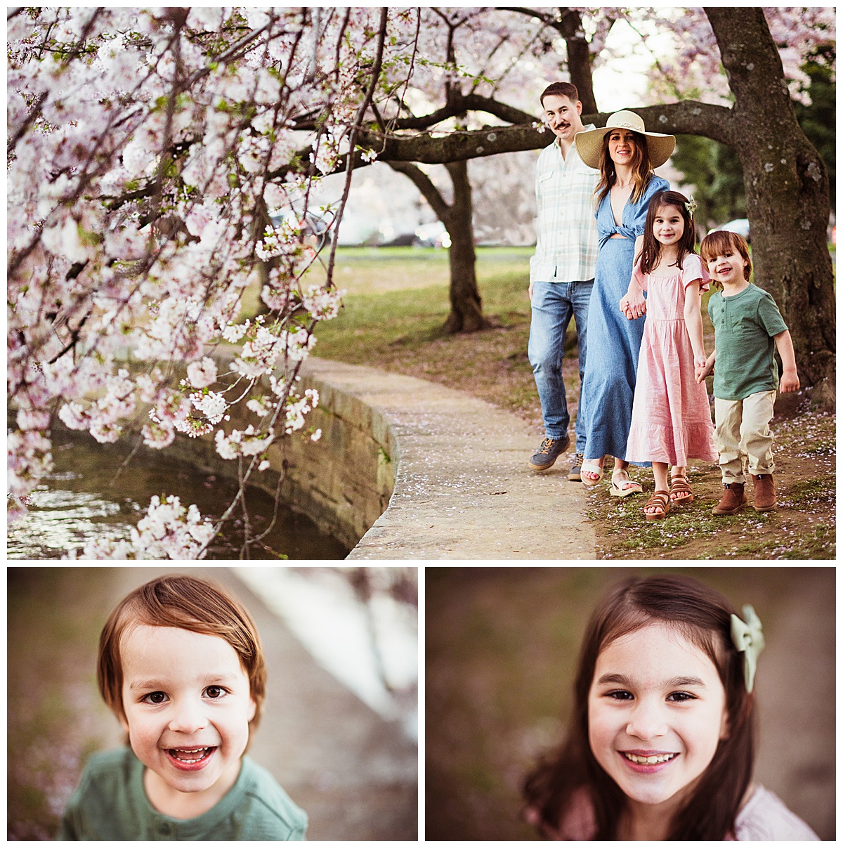 Stunning family smile together near the Cherry Blossoms In Washington DC