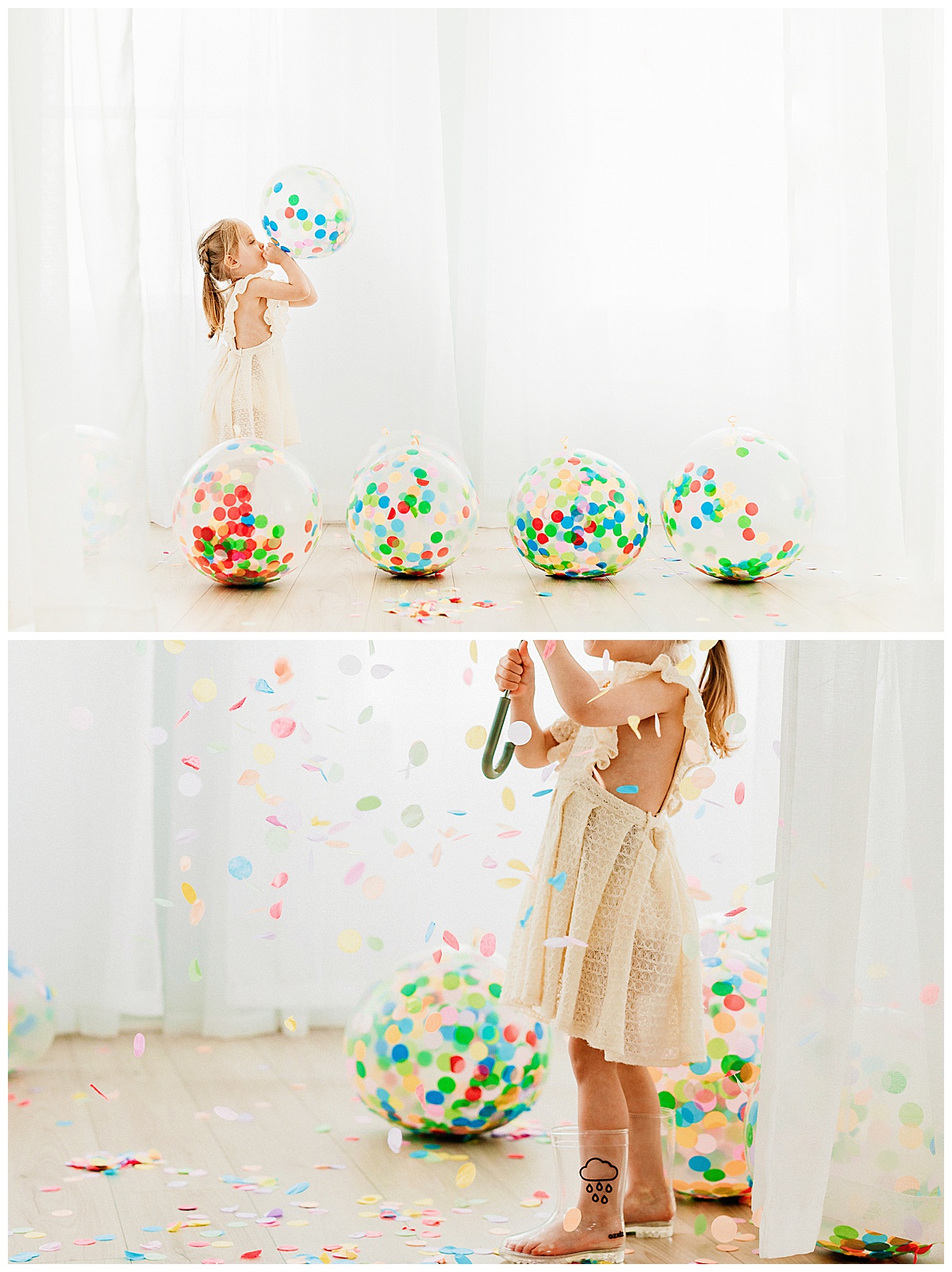 Sweet girl plays with confetti balloons for her Birthday Session In The Studio 