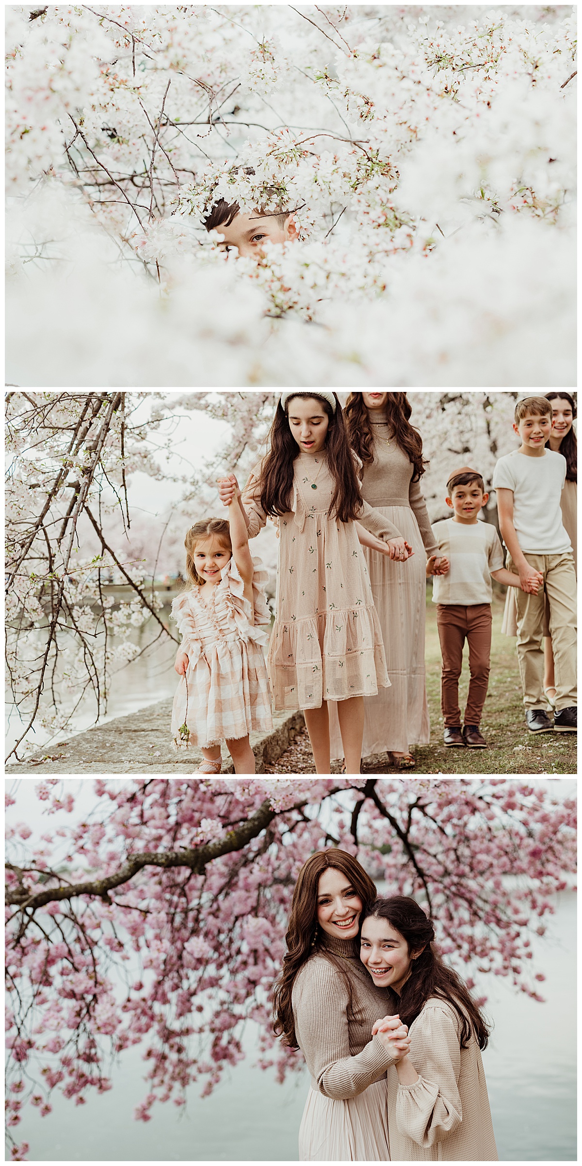 Mom and kids walk together near the water during their Cherry Blossom Family Photos