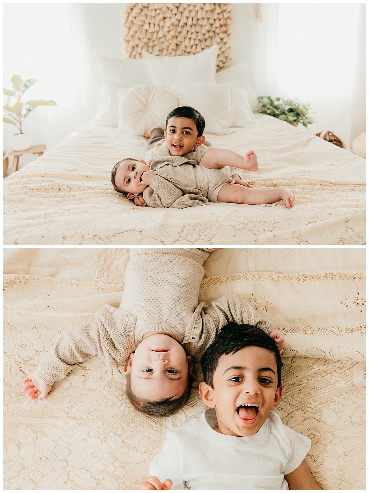 Siblings lay on bed together for Virginia Family Photographer