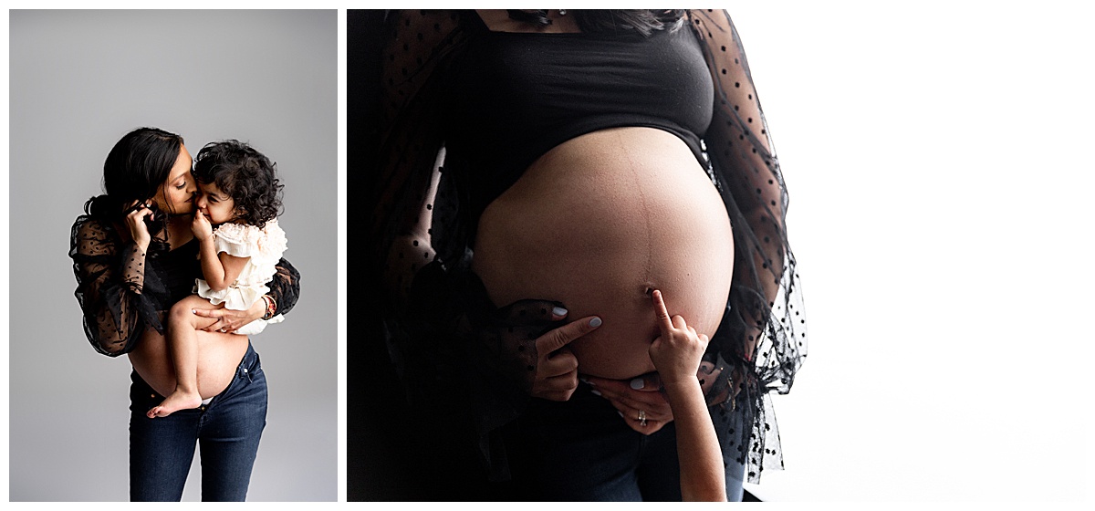 Baby girl points to Mama's belly for Virginia Maternity Photographer