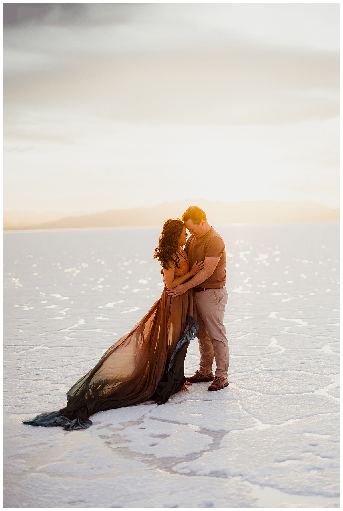 Couple stand together during their Bonneville Salt Flats Family Session