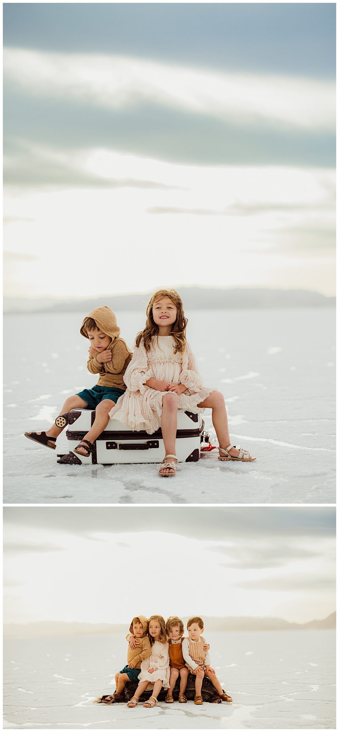 Two kids sit on a suitcase for Norma Fayak Photography