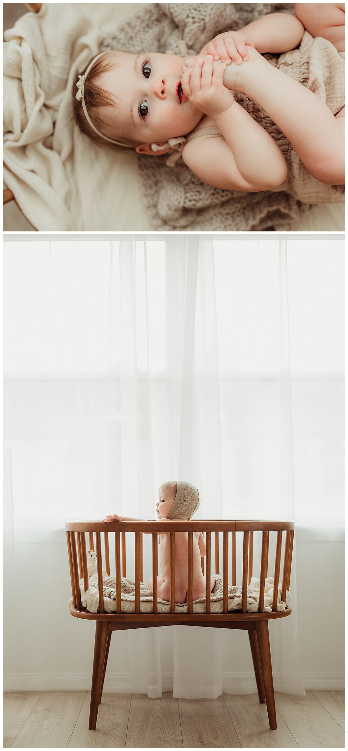 Baby sits and stands up in the crib for Norma Fayak Photography