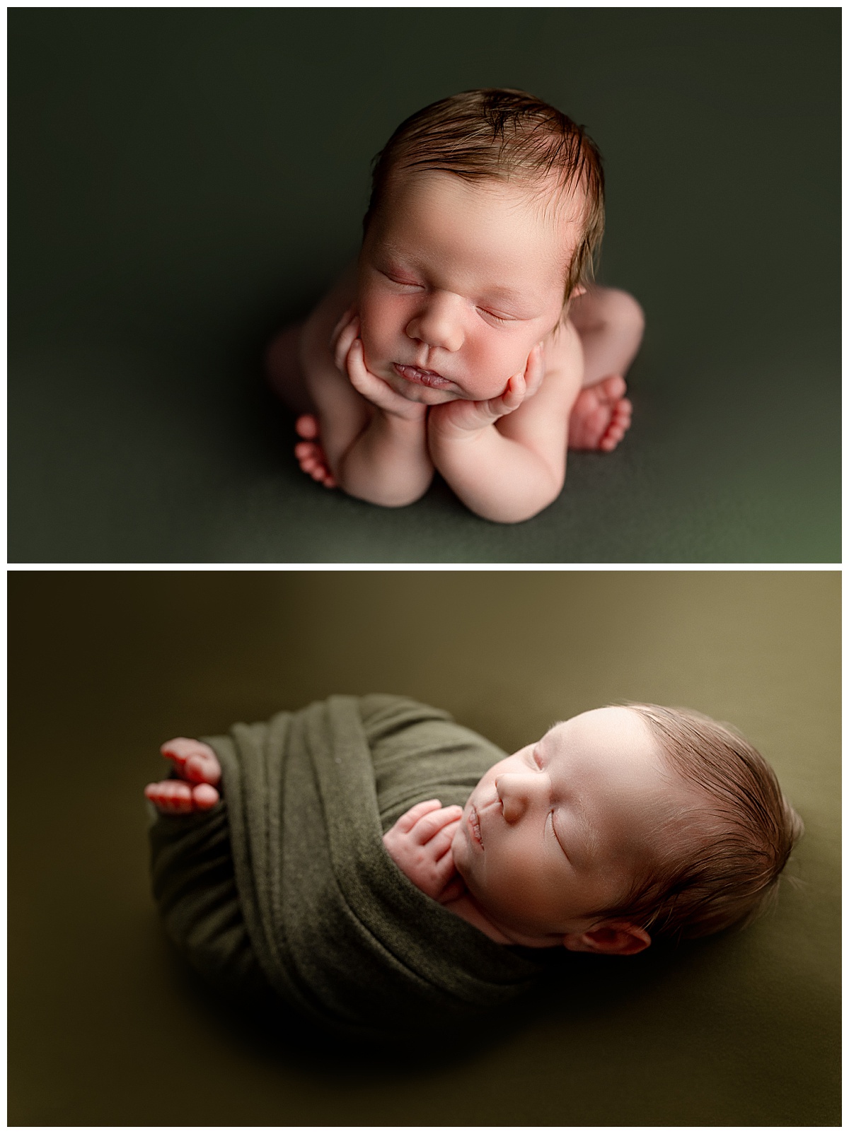Tiny baby cuddles and closes eyes for Virginia Newborn Photographer