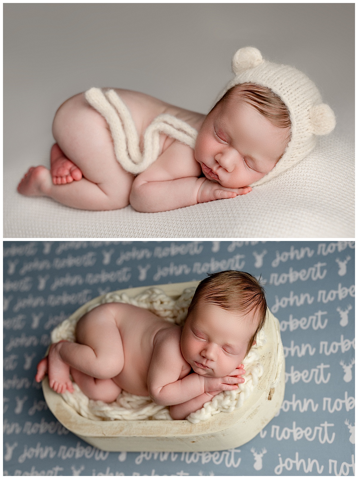 Baby boy lays down and sleeps cozy for Virginia Newborn Photographer