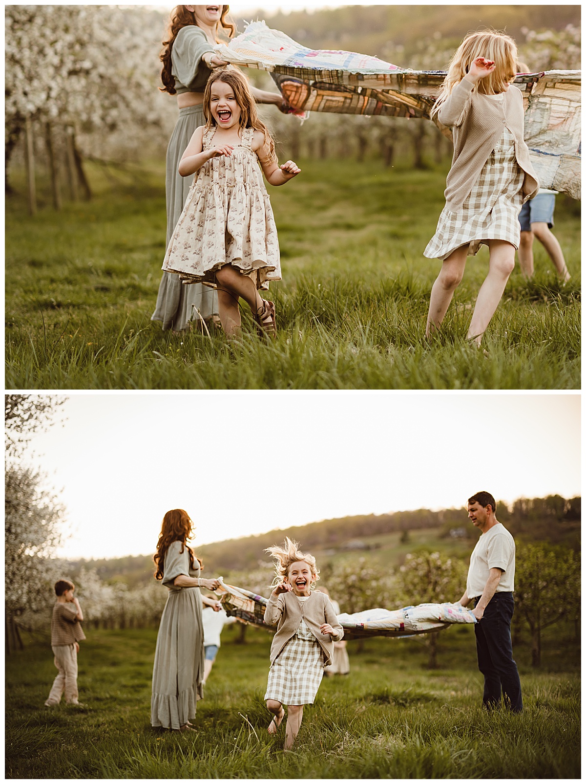 Family play with a blanket during their Blue Ridge Mountains Family Photos