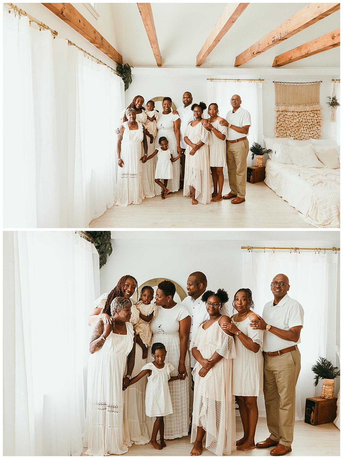 Family stand together smiling and laughing for their Generational Family Photos