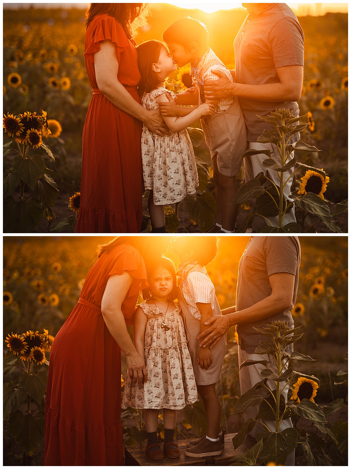 Kids smile at their parents during Sunflower Field Family Photos