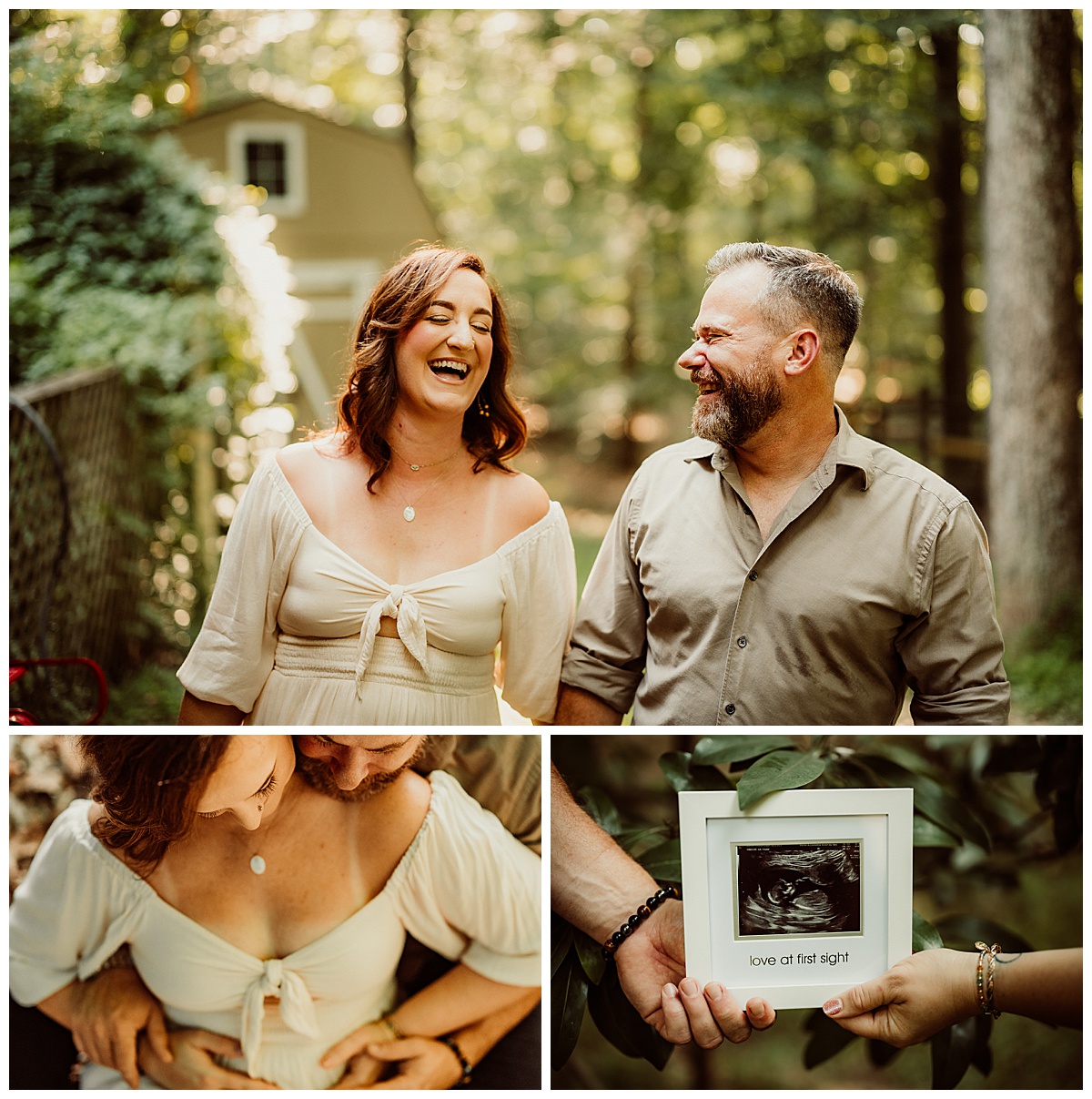 Parents laugh together for Magical Backyard Maternity Session