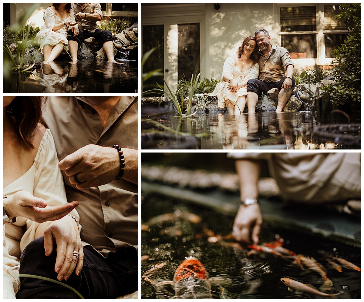 Parents stand near their koi pond for Norma Fayak Photography
