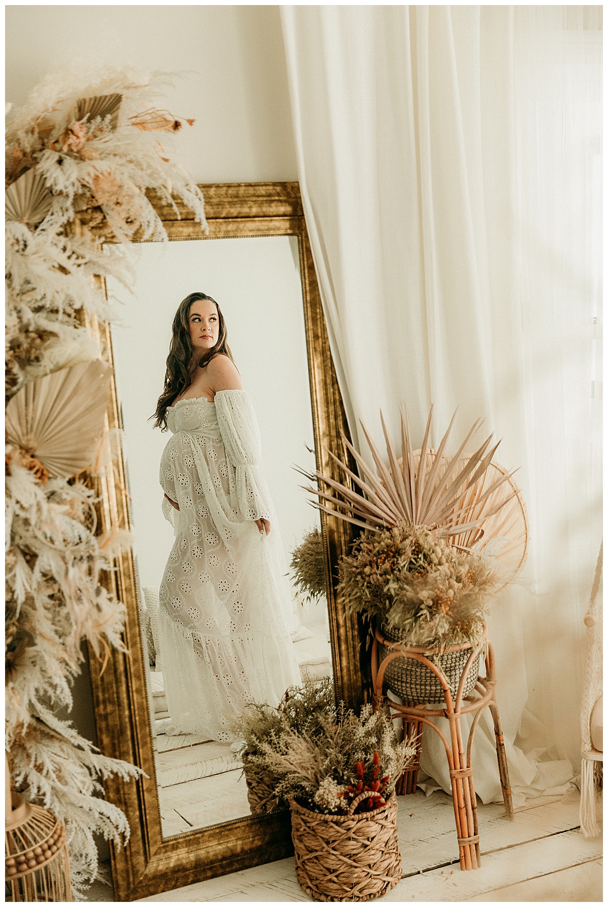 Woman wears gorgeous white gown for Virginia Maternity Photographer