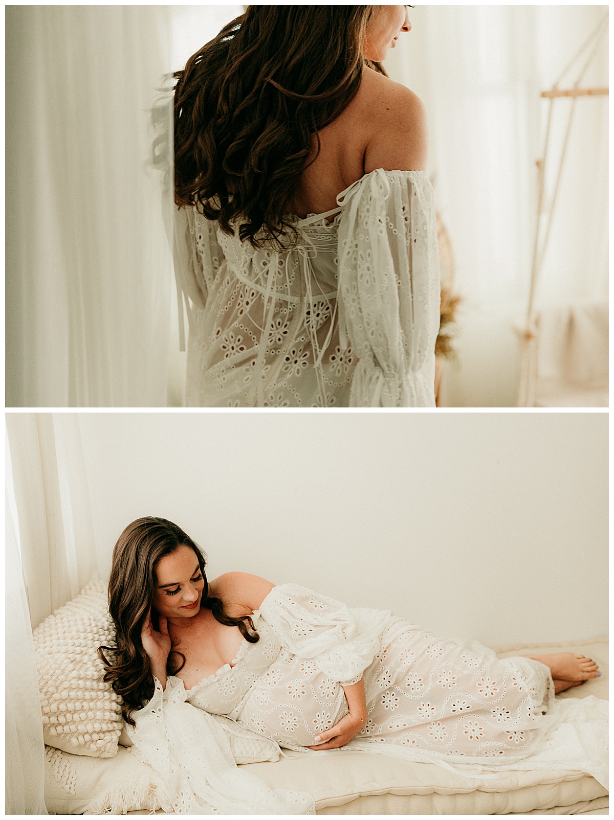 Adult wears stunning white gown and looks at pregnant belly for Norma Fayak Photography