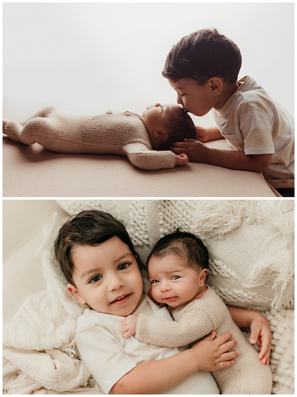 Big brother kisses baby brother for Successful Newborn Session With Your Toddler