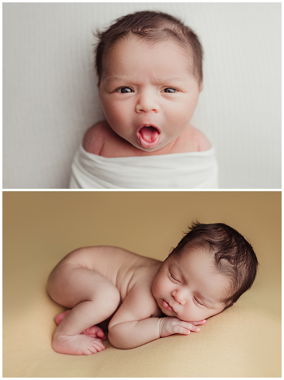 Baby sticks his tongue out and lays on the sheet for Virginia Newborn Photographer