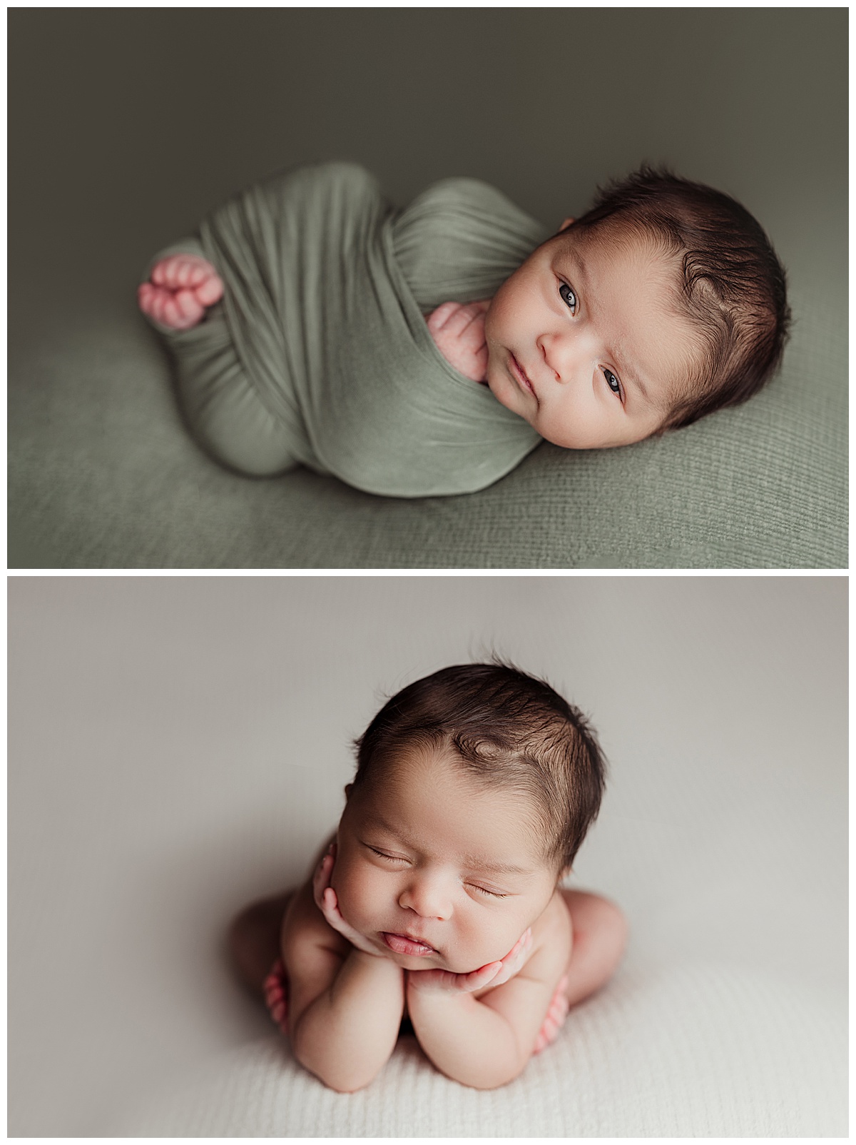Baby wrapped in tight green and white swaddle for Norma Fayak Photography