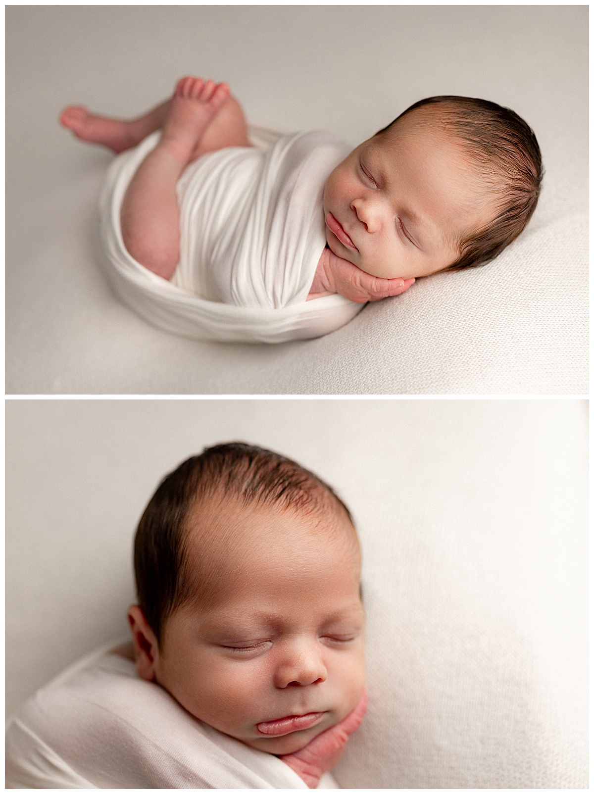 Young baby lays in a baby wrap which is one of my favorite Fine Art Newborn Outfits