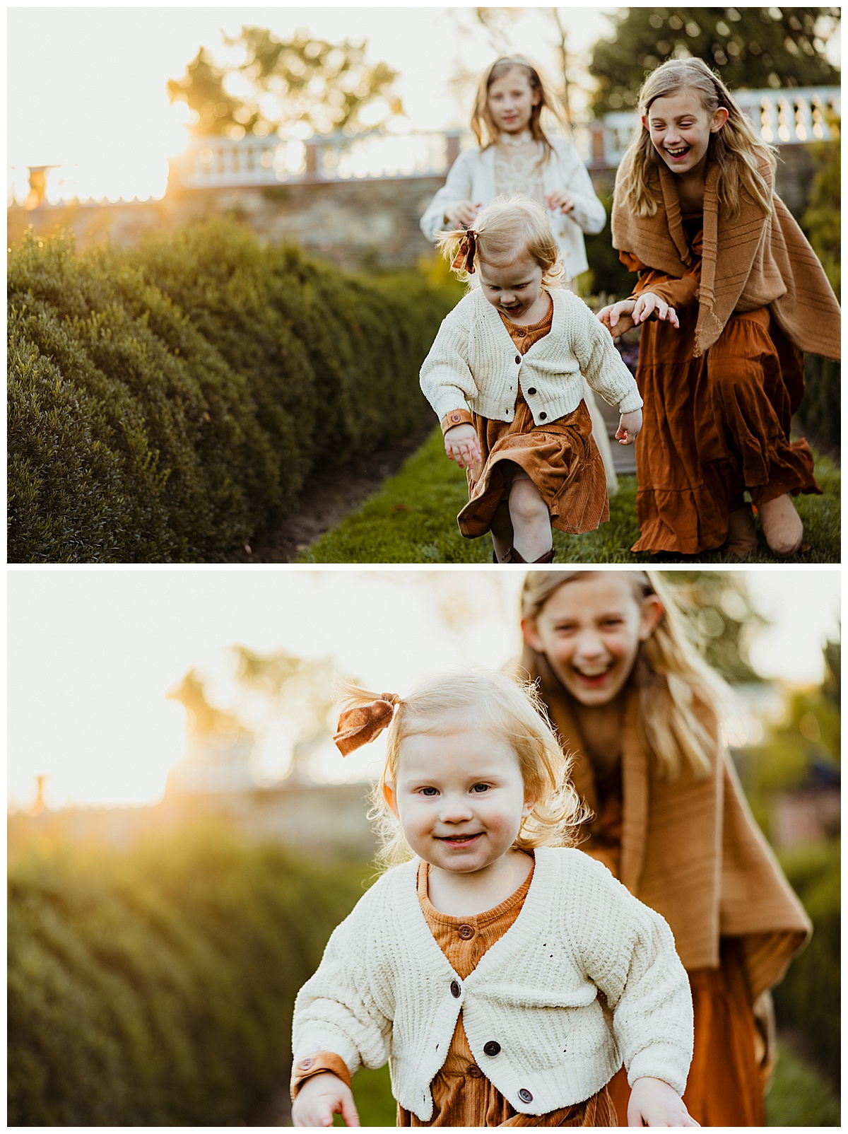 Kids run through yard wearing Neutral Color Palette For Family Photos